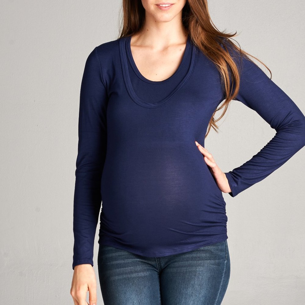 <CMT1321> Navy Double Layered Maternity Long Sleeve Nursing Top